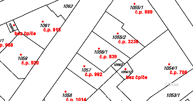 Teplice 839 na parcele st. 1056/1 v KÚ Teplice, Katastrální mapa