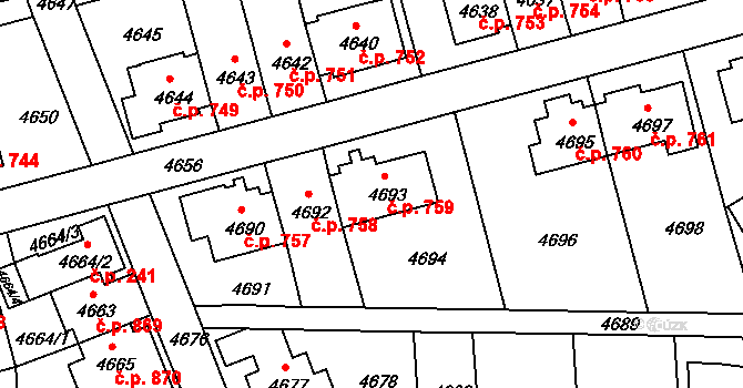 Záběhlice 759, Praha na parcele st. 4693 v KÚ Záběhlice, Katastrální mapa