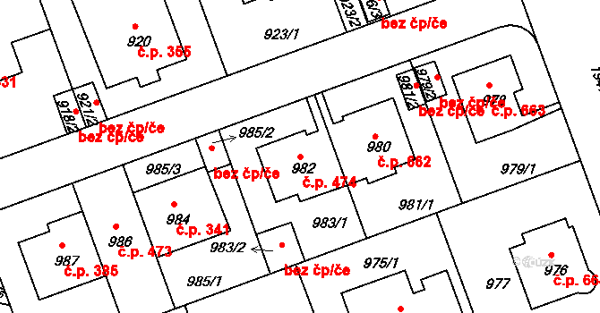 Podolí 474, Praha na parcele st. 982 v KÚ Podolí, Katastrální mapa