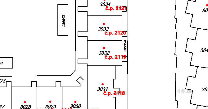 Stodůlky 2119, Praha na parcele st. 3032 v KÚ Stodůlky, Katastrální mapa