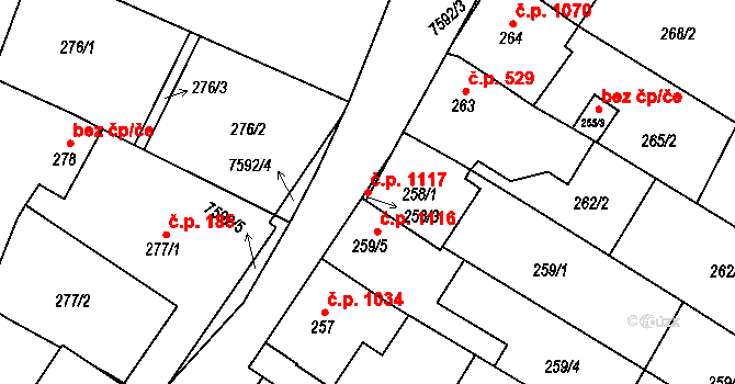 Mutěnice 1117 na parcele st. 258/1 v KÚ Mutěnice, Katastrální mapa