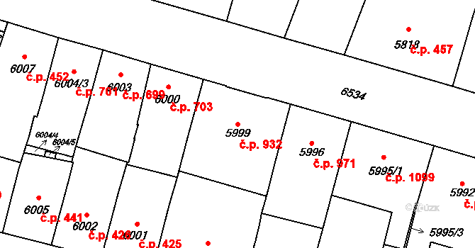 Jižní Předměstí 932, Plzeň na parcele st. 5999 v KÚ Plzeň, Katastrální mapa