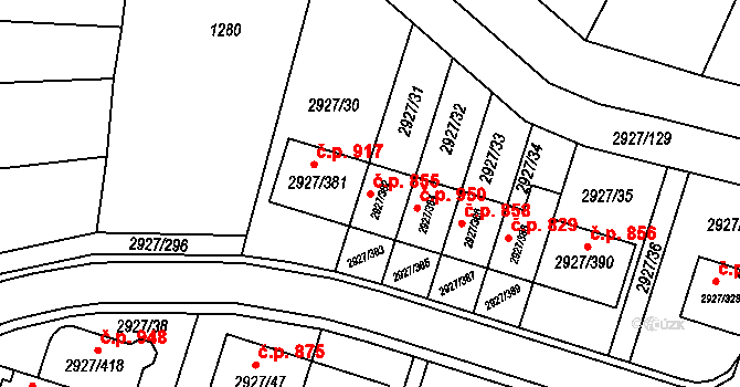 Žebětín 855, Brno na parcele st. 2927/382 v KÚ Žebětín, Katastrální mapa