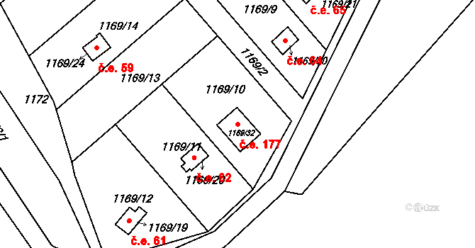 Olomučany 177 na parcele st. 1169/32 v KÚ Olomučany, Katastrální mapa
