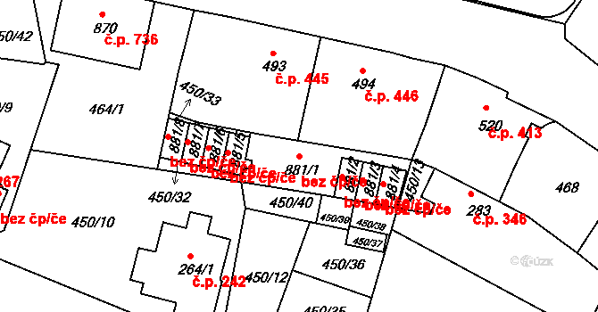 Luhačovice 38885298 na parcele st. 881/1 v KÚ Luhačovice, Katastrální mapa