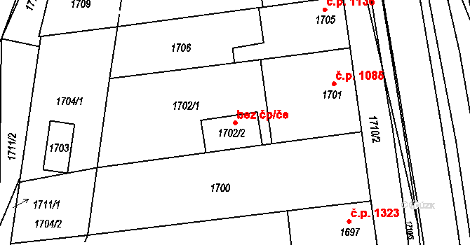 Kunovice 43154298 na parcele st. 1702/2 v KÚ Kunovice u Uherského Hradiště, Katastrální mapa