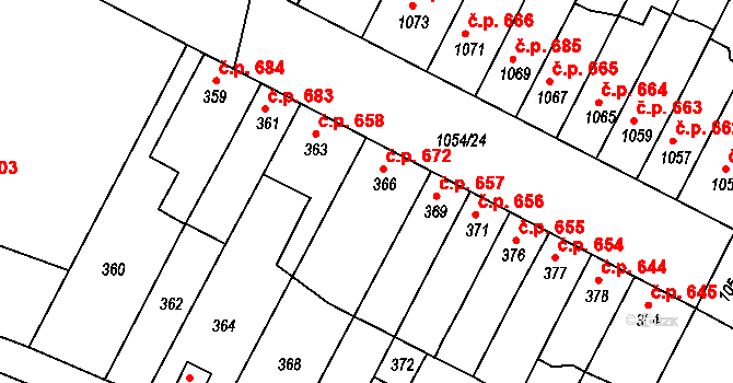 Bučovice 672 na parcele st. 366 v KÚ Bučovice, Katastrální mapa