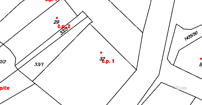 Prapořiště 1, Kdyně na parcele st. 32 v KÚ Prapořiště, Katastrální mapa