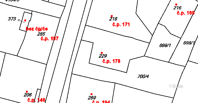 Přehýšov 178 na parcele st. 229 v KÚ Přehýšov, Katastrální mapa