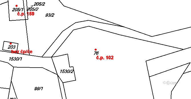 Rožmitál 102, Broumov na parcele st. 76 v KÚ Rožmitál, Katastrální mapa