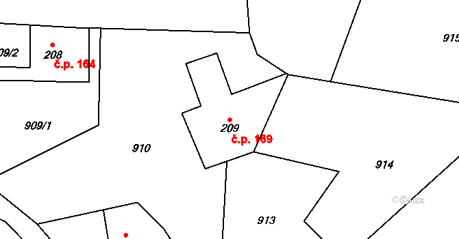 Velký Dřevíč 169, Hronov na parcele st. 209 v KÚ Velký Dřevíč, Katastrální mapa