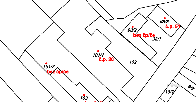 Jestřabí 20, Fulnek na parcele st. 101/1 v KÚ Jestřabí u Fulneku, Katastrální mapa