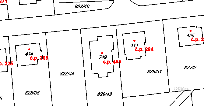 Louky 455, Zlín na parcele st. 749 v KÚ Louky nad Dřevnicí, Katastrální mapa