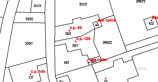 Lubina 120, Kopřivnice na parcele st. 58/1 v KÚ Drnholec nad Lubinou, Katastrální mapa