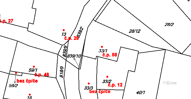 Čekanice 58, Blatná na parcele st. 33/1 v KÚ Čekanice, Katastrální mapa