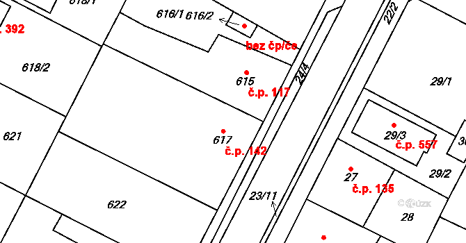 Zruč 142, Zruč-Senec na parcele st. 617 v KÚ Zruč, Katastrální mapa