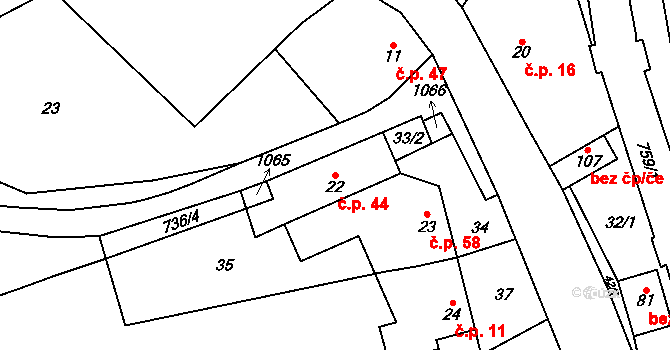 Hamry 44, Plumlov na parcele st. 22 v KÚ Hamry, Katastrální mapa