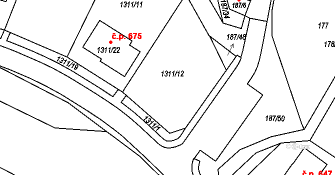 Měřín 674 na parcele st. 1311/12 v KÚ Měřín, Katastrální mapa