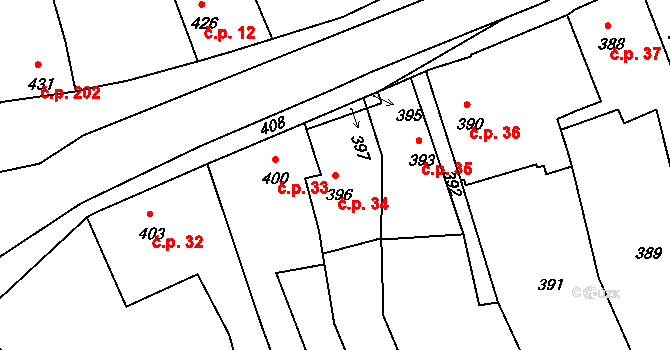 Drahelice 34, Nymburk na parcele st. 396 v KÚ Drahelice, Katastrální mapa