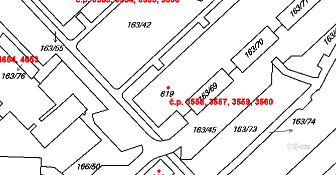 Jihlava 3557,3558,3559,3560 na parcele st. 619 v KÚ Bedřichov u Jihlavy, Katastrální mapa