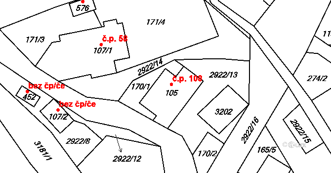 Kunratice u Cvikova 108 na parcele st. 105 v KÚ Kunratice u Cvikova, Katastrální mapa