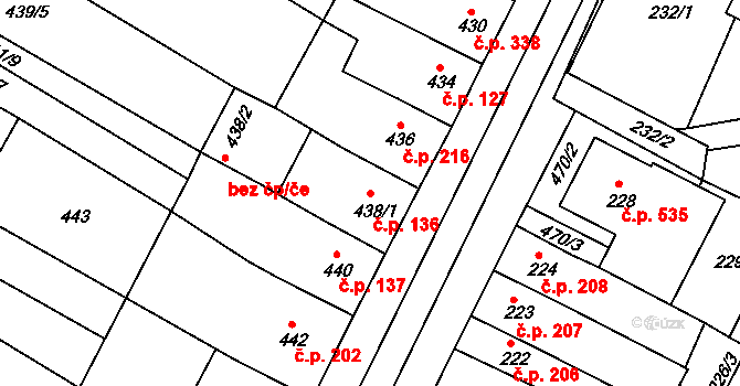 Hrušovany u Brna 136 na parcele st. 438/1 v KÚ Hrušovany u Brna, Katastrální mapa