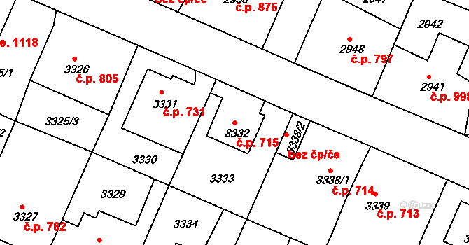 Děčín VI-Letná 715, Děčín na parcele st. 3332 v KÚ Podmokly, Katastrální mapa