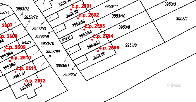 Roudnice nad Labem 2595 na parcele st. 3953/56 v KÚ Roudnice nad Labem, Katastrální mapa