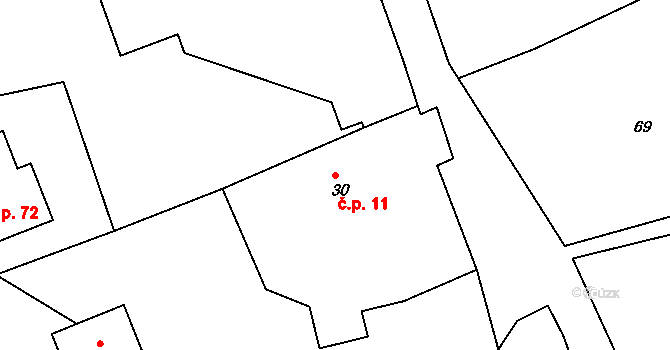 Lhota 11, Valašské Meziříčí na parcele st. 30 v KÚ Lhota u Choryně, Katastrální mapa
