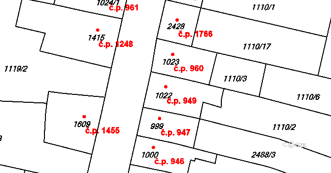 Hořice 949 na parcele st. 1022 v KÚ Hořice v Podkrkonoší, Katastrální mapa