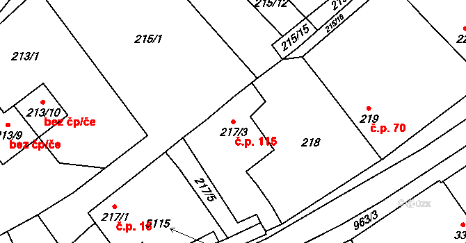 Milovice 115 na parcele st. 217/3 v KÚ Milovice nad Labem, Katastrální mapa