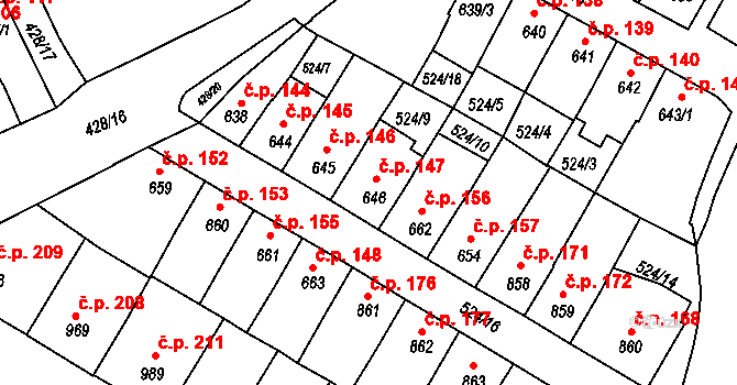Stařečka 147, Třebíč na parcele st. 646 v KÚ Třebíč, Katastrální mapa