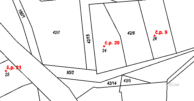 Tobolka 20, Měňany na parcele st. 24 v KÚ Tobolka, Katastrální mapa
