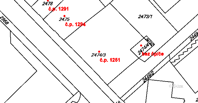 Chomutov 1251 na parcele st. 2474/3 v KÚ Chomutov I, Katastrální mapa