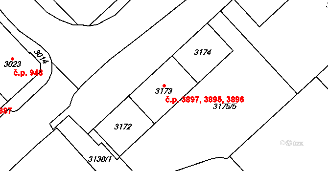 Chomutov 3895,3896,3897 na parcele st. 3174 v KÚ Chomutov I, Katastrální mapa