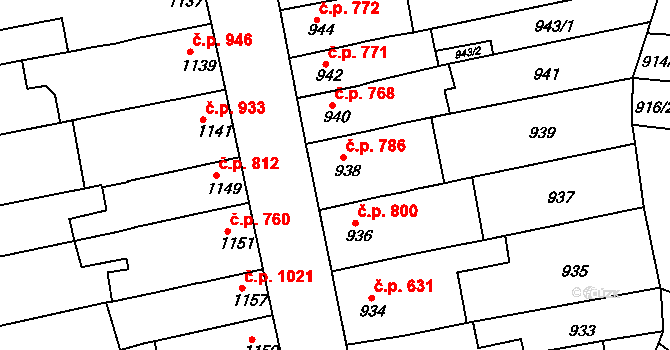 Šlapanice 786 na parcele st. 938 v KÚ Šlapanice u Brna, Katastrální mapa