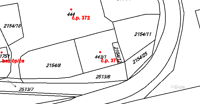 Pacov 371 na parcele st. 443/1 v KÚ Pacov, Katastrální mapa