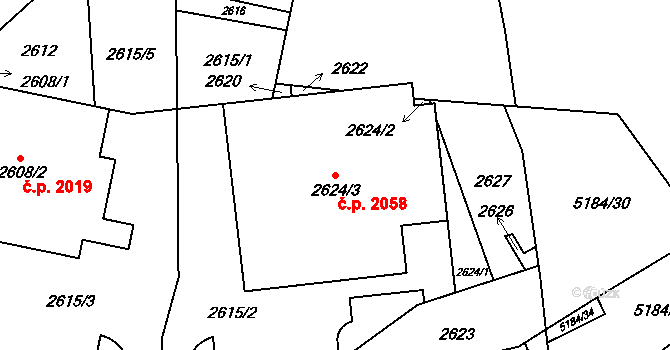 Řečkovice 2058, Brno na parcele st. 2624/3 v KÚ Řečkovice, Katastrální mapa