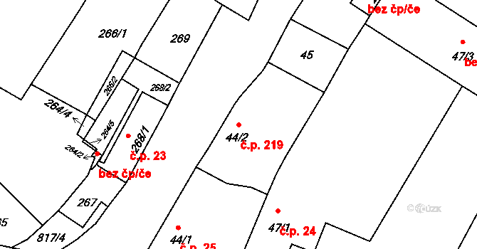 Strupčice 219 na parcele st. 44/2 v KÚ Strupčice, Katastrální mapa