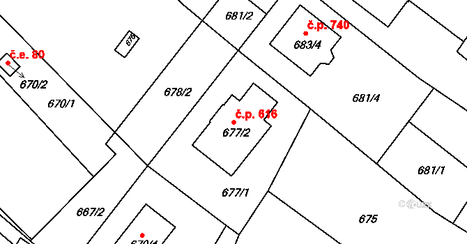 Soběšice 616, Brno na parcele st. 677/2 v KÚ Soběšice, Katastrální mapa