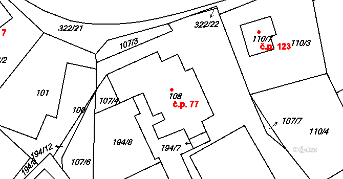 Šabina 77 na parcele st. 108/1 v KÚ Šabina, Katastrální mapa
