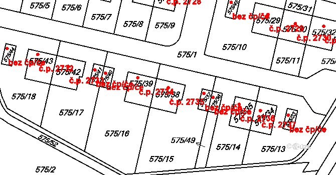 Horní Počernice 2735, Praha na parcele st. 575/38 v KÚ Horní Počernice, Katastrální mapa