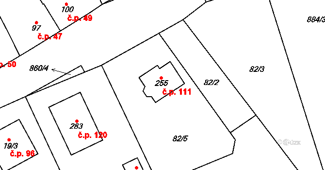Kladruby 111 na parcele st. 255 v KÚ Kladruby u Teplic, Katastrální mapa