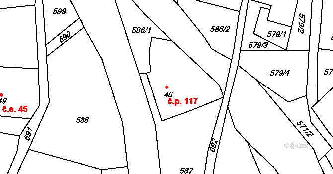 Levín 117 na parcele st. 46 v KÚ Dolní Vysoké II, Katastrální mapa