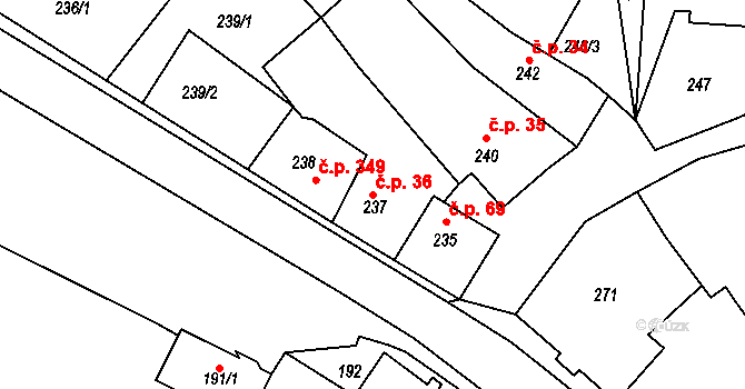 Bystřice nad Pernštejnem 36 na parcele st. 237 v KÚ Bystřice nad Pernštejnem, Katastrální mapa