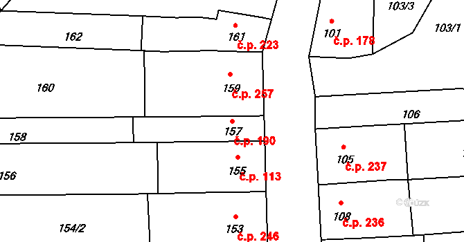 Hodějice 190 na parcele st. 157 v KÚ Hodějice, Katastrální mapa