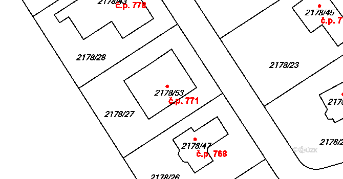 Lipence 771, Praha na parcele st. 2178/53 v KÚ Lipence, Katastrální mapa