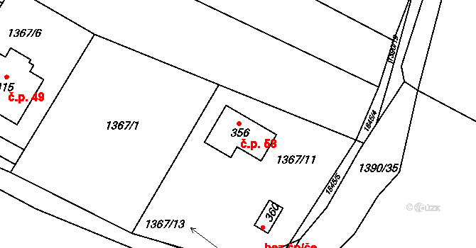 Nesměřice 58, Zruč nad Sázavou na parcele st. 356 v KÚ Nesměřice, Katastrální mapa