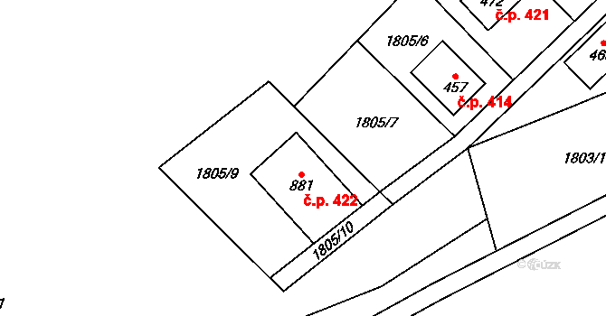 Hanušovice 422 na parcele st. 881 v KÚ Hanušovice, Katastrální mapa