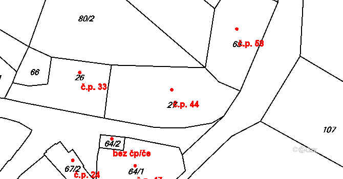 Horní Kamenice 44 na parcele st. 27 v KÚ Horní Kamenice u Staňkova, Katastrální mapa